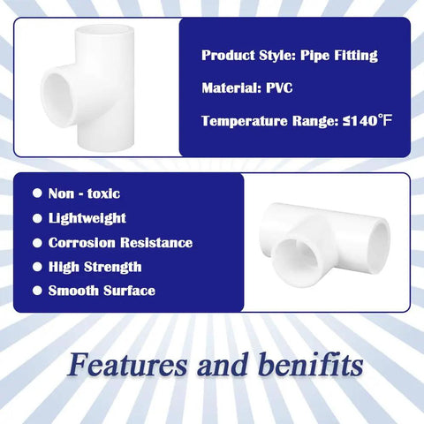 Workhorse 10 Pack Half Inch White PVC Tee Pipe Fittings 3 Way Slip Socket Connectors for Sprinkler Systems and Drip Irrigation