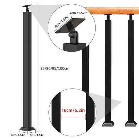 Rock Solid Square Stair Baluster Posts with 270 Degree Flex Metal Railing Spindles and Flat Bracket, 85-100cm tall.