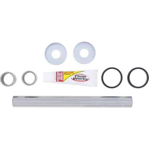 Swing Arm Kit For Yamaha YFZ350 Banshee 1987 2009 Replacement Upgrade, Durable Aluminum Pivot System With All Mounting Hardware, Easy Install, Beefed Up Ride Quality, Solid Handling, And Steady Stability On Rough Trails. silver aluminum swing arm pivot kit with bushings, seals, and hardware