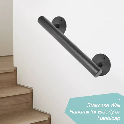 One Foot Matte Black Indoor Stair Railing and Short Metal Handrail Built Tough As Nails with Heavy Steel Pipe and Galvanized Brackets installed on wall.