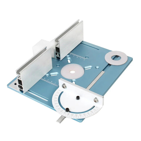 Top Notch Aluminum Router Table Insert Plate Featuring Crisp Measurement Scale And Rock Solid Flip Base For High Precision Woodworking Jobs Finished Off Nicely In Cool Sky Blue.