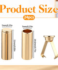 24 Pack Pro Grade Metal Cord End Caps For Shoelaces And Drawstrings showing size dimensions in gold zinc alloy.