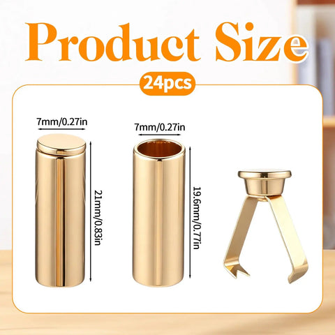 24 Pack Pro Grade Metal Cord End Caps For Shoelaces And Drawstrings showing size dimensions in gold zinc alloy.