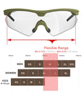 Anti Fog Tactical Shooting Glasses With Ballistic Eye Protection For Hunting, Airsoft, Range Training, Pickleball, And Lab Work, ANSI Z87.1 Plus Safety, OSHA Compliant, Bow Frame Design For Comfort, Durability, And Crystal Clear Vision, size chart.