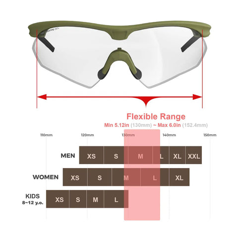 Anti Fog Tactical Shooting Glasses With Ballistic Eye Protection For Hunting, Airsoft, Range Training, Pickleball, And Lab Work, ANSI Z87.1 Plus Safety, OSHA Compliant, Bow Frame Design For Comfort, Durability, And Crystal Clear Vision, size chart.
