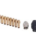 Super Cool Hilitand Brass Drill Chuck Adapter With Keyless Design And Eight Sweet Collet Sizes From One Thirty Second To One Eighth Inch For Woodworking And Engraving Projects That Are Totally Awesome showing eight brass collets and a chuck key.