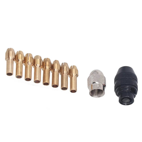 Super Cool Hilitand Brass Drill Chuck Adapter With Keyless Design And Eight Sweet Collet Sizes From One Thirty Second To One Eighth Inch For Woodworking And Engraving Projects That Are Totally Awesome showing eight brass collets and a chuck key.