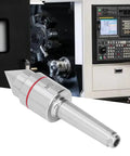 Close-up of MT2 Morse taper live center with red band, high-carbon steel tailstock center for lathe