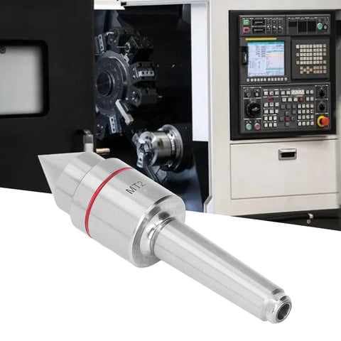 Close-up of MT2 Morse taper live center with red band, high-carbon steel tailstock center for lathe