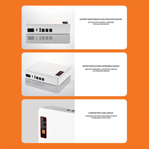Keep The Net Flowing When The Grid Goes Down With This Portable Mini Ups Battery Backup For Routers And Modems, showing multiple ports and battery level display.