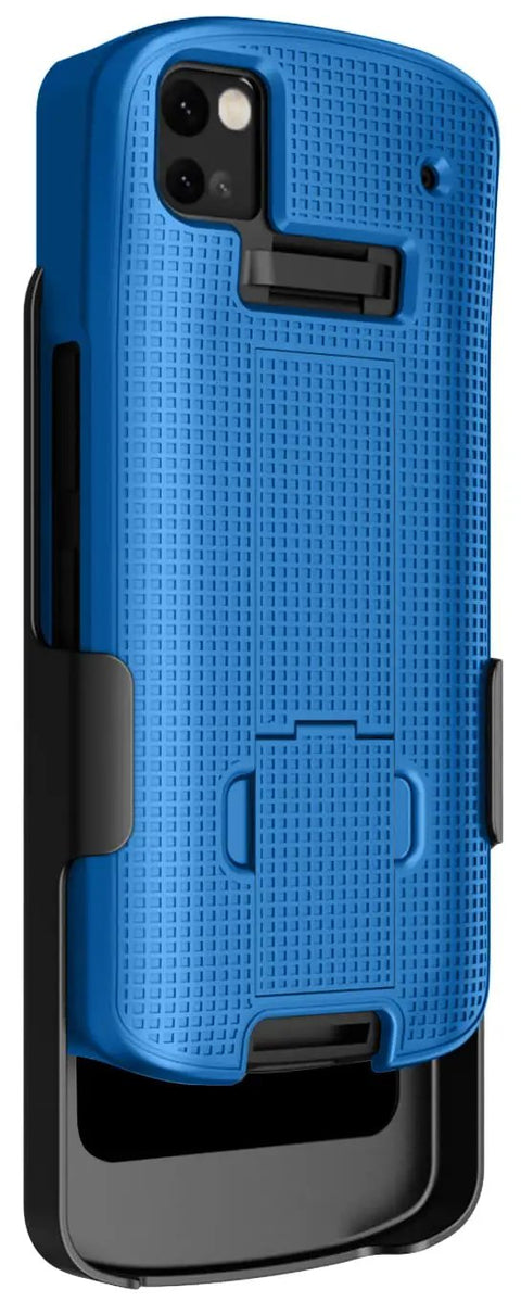 Kickass Protective Kickstand Case And Ratchet Holster Combo For Zebra TC53 TC58 Mobile Computer in fresh blue with textured grip.