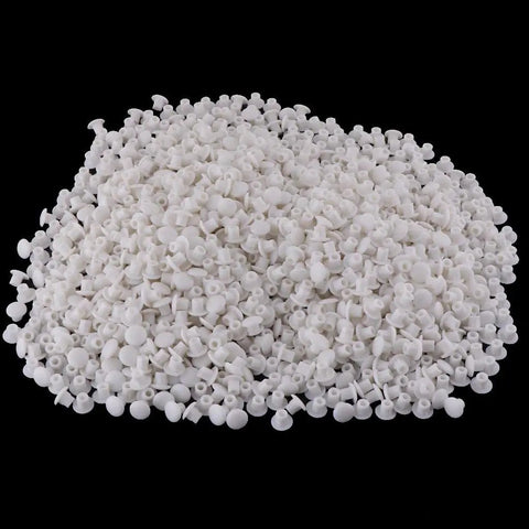 Must Have 1000 Pieces White Hinge Hole Plugs For Furniture And Home Improvement, scattered on a surface, 8mm Top Dia, 5mm Bottom Dia.