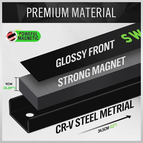 Diagram showing structure of 4 Piece 12 Inch Magnetic Tool Holder Set with glossy front and CR-V steel material.