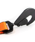 Close-up of twisted snap hook on Beefy Heavy Duty Car Tie Down Straps 2 Inch Wide By 96 Inch Long 2 Pack With Orange Webbing