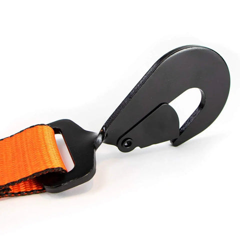Close-up of twisted snap hook on Beefy Heavy Duty Car Tie Down Straps 2 Inch Wide By 96 Inch Long 2 Pack With Orange Webbing