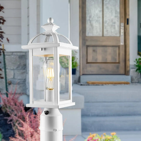 White Dusk To Dawn Outdoor Post Light With Seeded Glass For Patio Garden And Pathway Durable Aluminum Weatherproof IP65