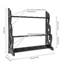 Diagram of Six Hole Floor Standing Sword Display Rack With Adjustable Top And Bottom Plates, dimensions labeled, black