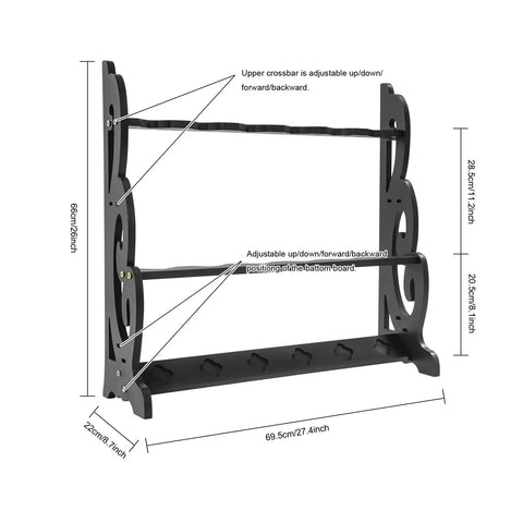 Diagram of Six Hole Floor Standing Sword Display Rack With Adjustable Top And Bottom Plates, dimensions labeled, black