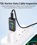 USB C Power Meter Tester With LCD Display Digital Multimeter for PD 3.1 Protocol Testing Type C Voltage and Current Meter plugged in.