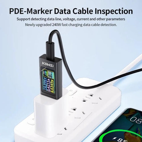 USB C Power Meter Tester With LCD Display Digital Multimeter for PD 3.1 Protocol Testing Type C Voltage and Current Meter plugged in.