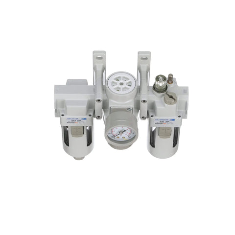 All In One Pneumatic Filter Regulator Lubricator Combo Three Eighth Inch NPT with poly bowl manual drain gauge and mounting bracket