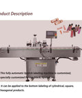 Fully Automatic Bottom Label Applicator For Cosmetic Lipstick Tubes Handles Cylindrical Square And Hexagonal Containers Cranks Out 30 To 60 Units Per Minute With Smooth Action And Zero Mess machine with control panel and lipstick tubes.