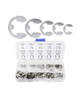 Massive 200 Piece External Snap Ring Kit With Ten Sizes E Clip Rings In 304 Stainless Steel Open Rings One Point Five To Ten Millimeters All In One Handy Fastener Set For Auto Bike And Machinery Repairs, box with snap rings and size labels