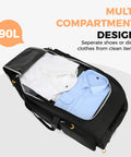 Searock rolling duffle bag with wheels and handle, 90L, black, opened to show blue dress shirt and white shirt.