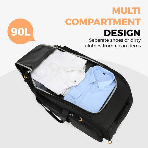 Searock rolling duffle bag with wheels and handle, 90L, black, opened to show blue dress shirt and white shirt.