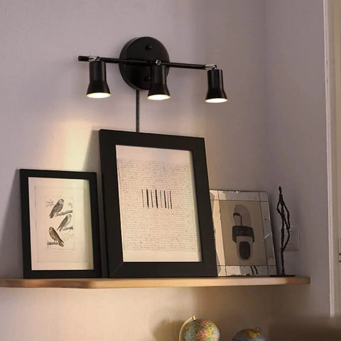 Industrial Track Lighting Kit With Adjustable 3-Light Brass Lamp Holders above framed art on a wall-mounted shelf