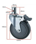 5 Inch Brake Silent Caster Wheel With 28mm Round Pole Buckle, Quiet Rolling Castor For Mobile Equipment, Built In Brake Locks Wheel Position