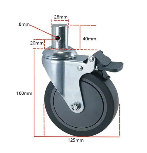 5 Inch Brake Silent Caster Wheel With 28mm Round Pole Buckle, Quiet Rolling Castor For Mobile Equipment, Built In Brake Locks Wheel Position