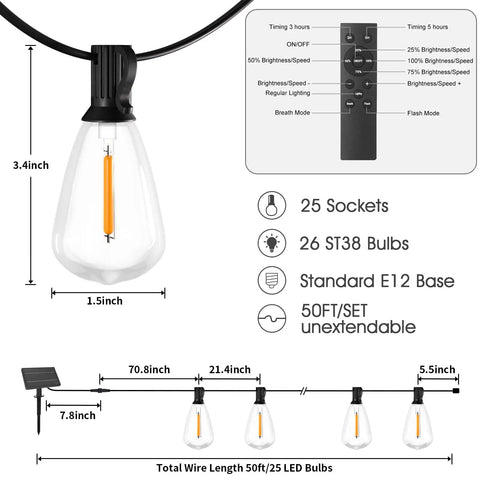 Diagram of Super Chill Waterproof Solar String Lights Outdoor Fifty Ft Long With 25 Dimmable Shatterproof Vintage Bulbs