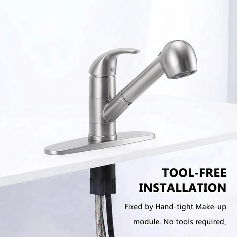 Brushed Nickel RV Kitchen Faucet With Pull Out Sprayer And 360 Degree Swivel Single Lever One Hole Installation Stainless Steel Prep Sink Faucet For Small Kitchens installed on a countertop