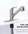 Slick Pullout Kitchen Faucet With Brushed Nickel Stainless Steel Single Handle Compact Design And Dual Spray Modes mounted on a sink.