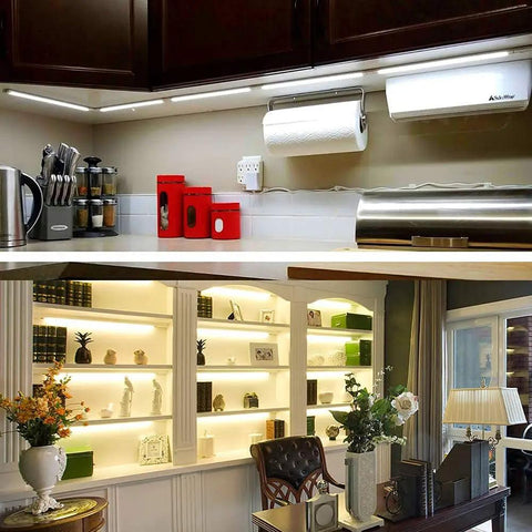 Kitchen and bookshelf lit with Led Dimmable Under Cabinet Lighting Kit With Hand Wave Activation, Motion Sensor, Touchless Dimming, Warm White 6 By 12 Panels, Easy Install, Memory Brightness, Cool White Option.
