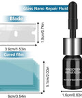 Windshield Repair Kit For Cars, 4 Piece Auto Glass Repair Set With Nano Glass Repair Fluid, blade, and cured film components