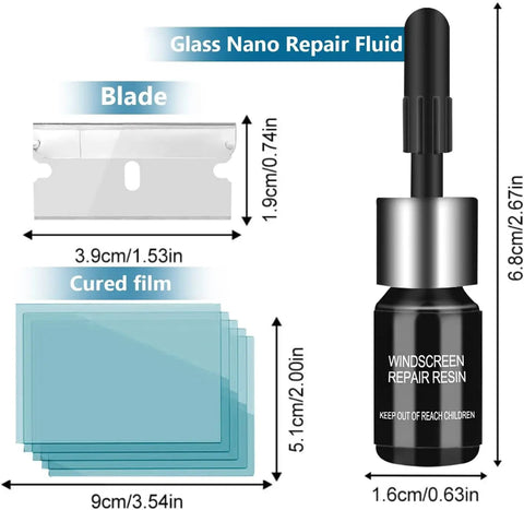 Windshield Repair Kit For Cars, 4 Piece Auto Glass Repair Set With Nano Glass Repair Fluid, blade, and cured film components