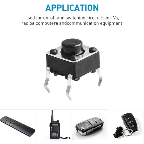 180 Piece Tactile Push Button Switch Kit With 10 Values Ranging From 6x6mm To 7x7mm, showing 4 pin tact switch for electronics.