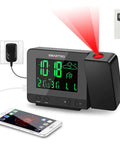 Digital Projection Alarm Clock With Weather Station And Indoor Outdoor Thermometer For Bedrooms USB Charger AC Or Battery Powered Bedroom Friendly All In One Time And Temperature Projection, showing projection, USB port, and smartphone connection.
