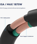 Close-up view of Heavy Duty Three Foot Outdoor Extension Cord Waterproof 12 Gauge Black Power Cable With 15 Amp Grounded Plug, showing copper conductors and PVC jacket.