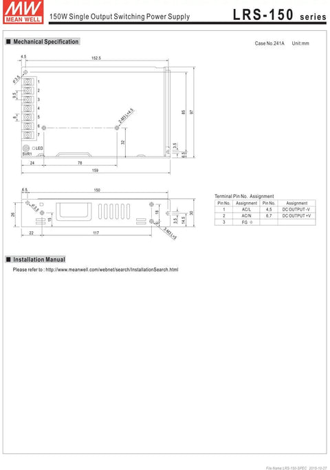 Technical drawing of 24V 6.5A 156W Switching Power Supply LRS-150-24, Single Output, 1U Low-Profile Industrial PSU, dimensions included