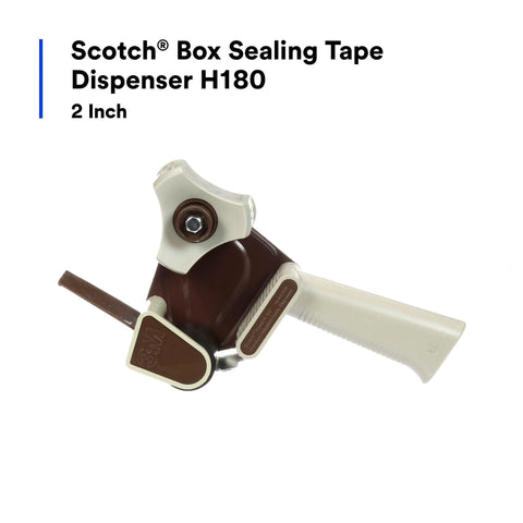 Scotch H180 2-inch packing tape dispenser, side view, gray plastic with brown metal accents.