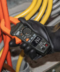 Electrician using Pro Grade AC DC Digital Clamp Meter With Auto Ranging 400 Amp Capacity Non Contact Voltage Tester Hi Vis LCD TRMS Readouts