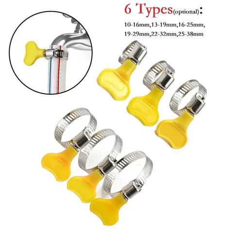 Rock Solid 50-Piece Adjustable Hose Clamps Kit Made From Premium Stainless Steel Worm Gear Assortment Set For Tight Leak Proof Sealing In Your Car Or Garage Projects Ranging From 10-38mm To Fix Any Hoses You Got Today. stainless steel hose clamps with yellow knobs, 10-38mm sizes