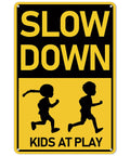 Slow Down Kids At Play Road Sign For Neighborhoods, Aluminum Weatherproof Safety Plaque, 12 by 8 inches, front view with kids silhouette