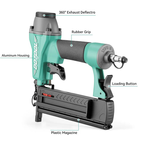 Rock Solid 18 Gauge Pneumatic Brad Nailer And 2 In 1 Air Staple Gun with rubber grip, aluminum housing, and plastic magazine.