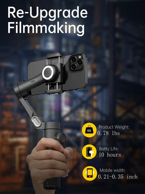 3 Axis Smartphone Gimbal Stabilizer Foldable Handheld For iPhone And Android with smartphone attached, focus wheel visible