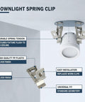 Silver PP Plastic Downlight Spring Clips for Recessed Lighting Trim Retention - Close-up view of clips mounted to ceiling.