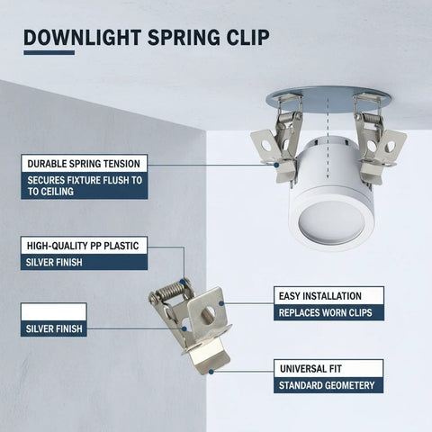 Silver PP Plastic Downlight Spring Clips for Recessed Lighting Trim Retention - Close-up view of clips mounted to ceiling.